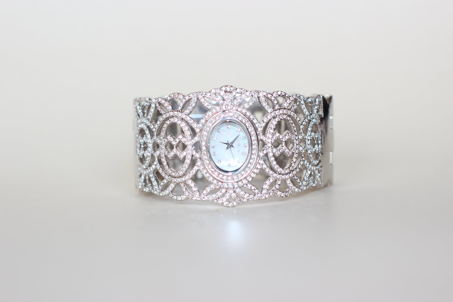 Ambrosio Paris Oriental-Inspired Jewelry Watch – Fully Set with Rhinestones, Mother-of-Pearl Dial