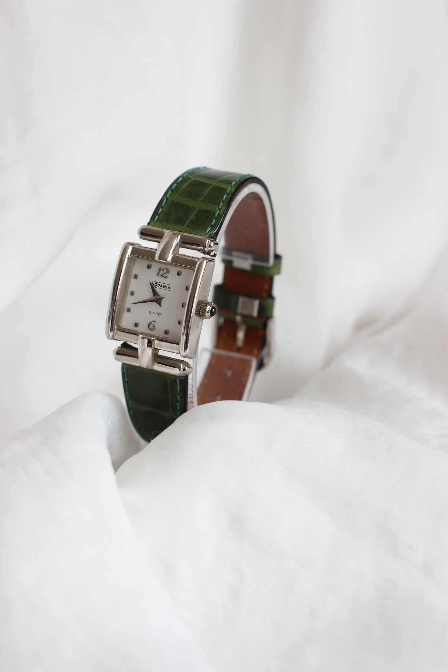 Vintage Rodania Quartz Watch with Green Crocodile-Style Strap – 1990s