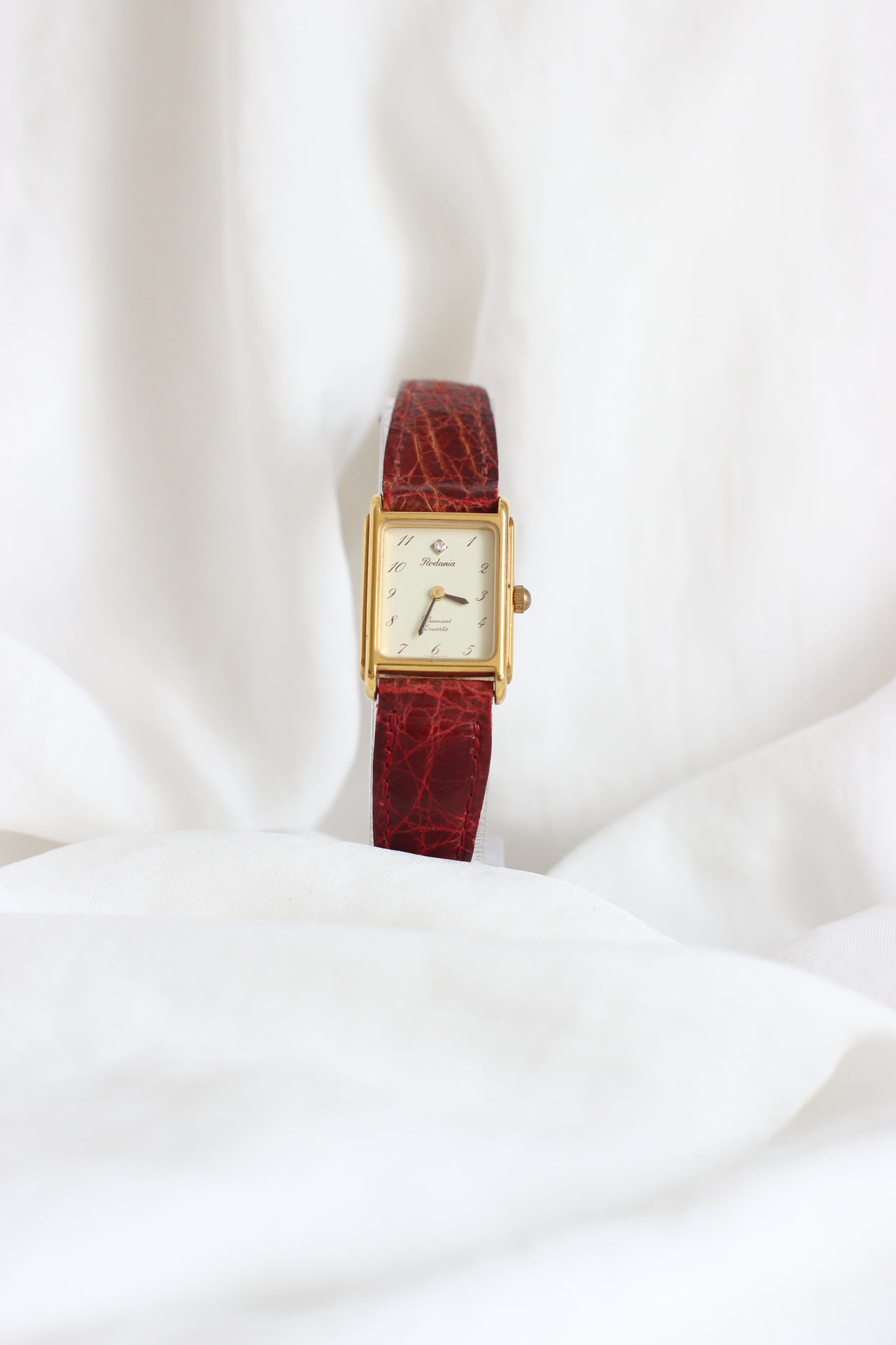 Rodania 1980s Mini Tank Watch – Diamond Detail & Bordeaux Crocodile Strap