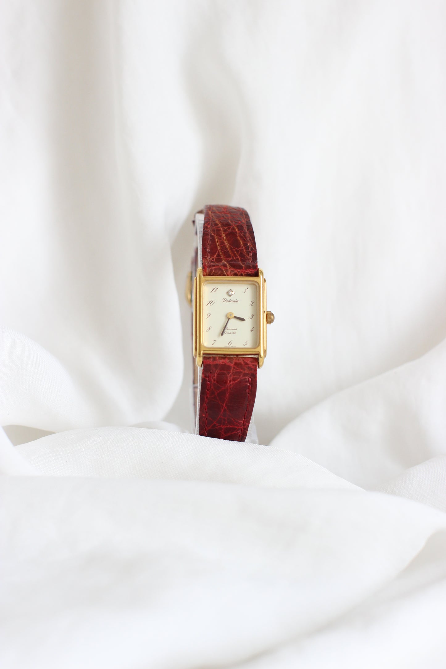 Rodania 1980s Mini Tank Watch – Diamond Detail & Bordeaux Crocodile Strap