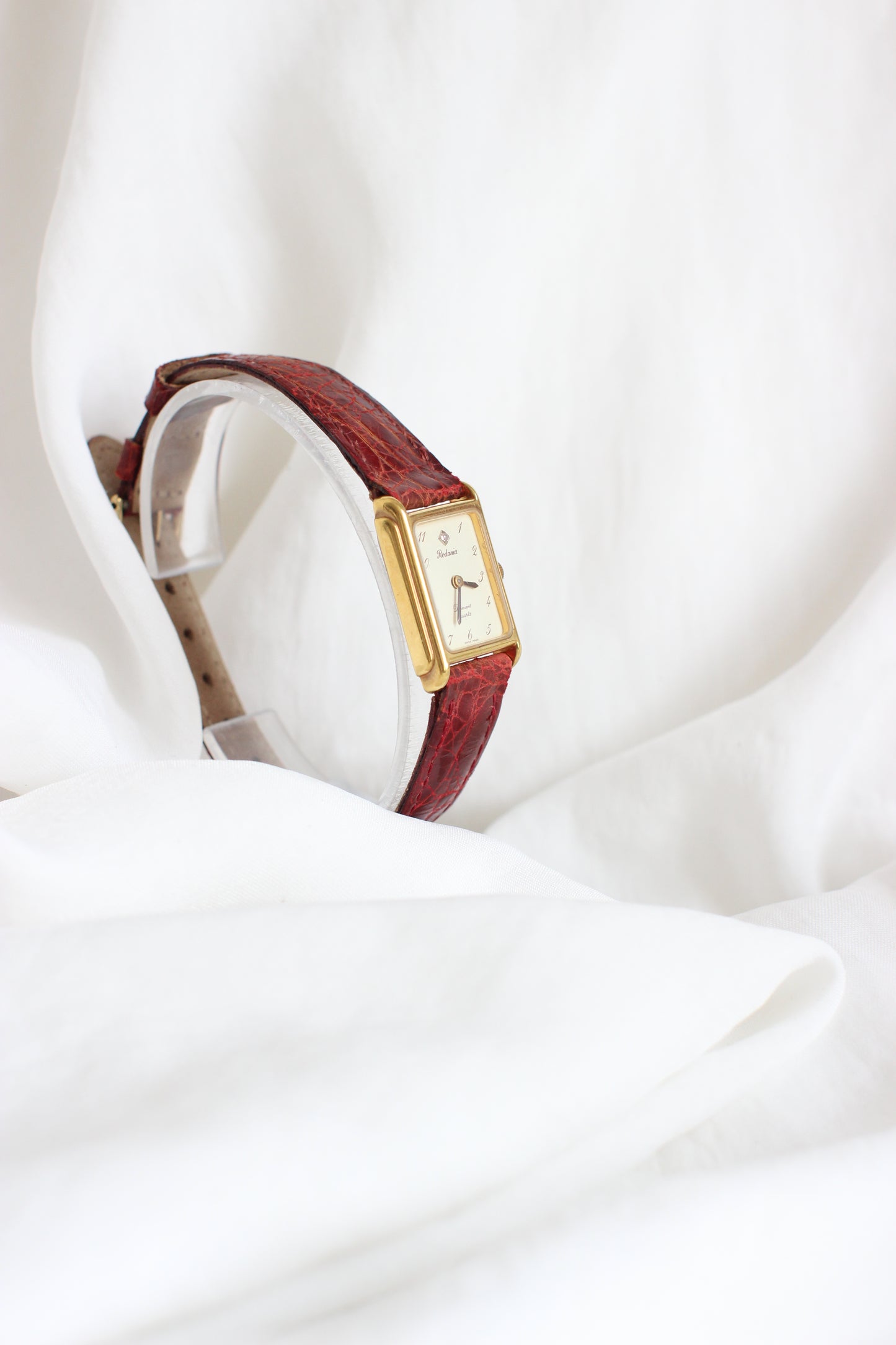 Rodania 1980s Mini Tank Watch – Diamond Detail & Bordeaux Crocodile Strap