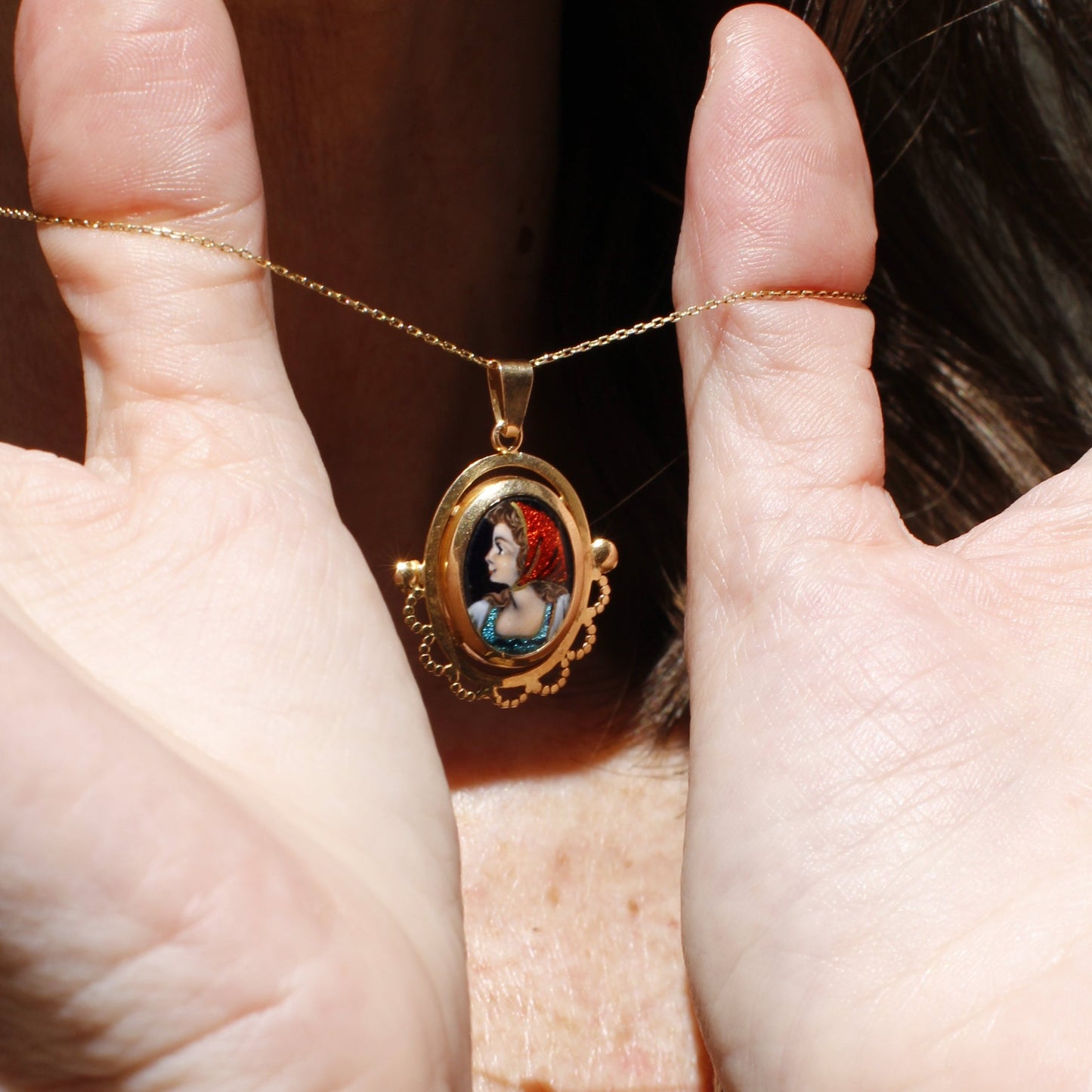 Rare 18k Gold Pendant with Hand-Painted Enamel by S. Leperon