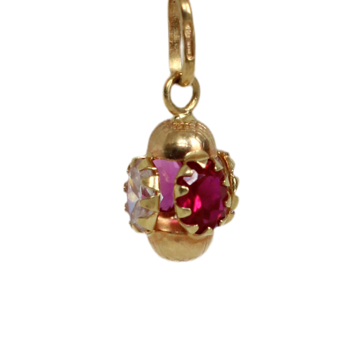 Pendentif vintage rare en or 18 carats des années 1960 avec zircons blancs et rouge framboise