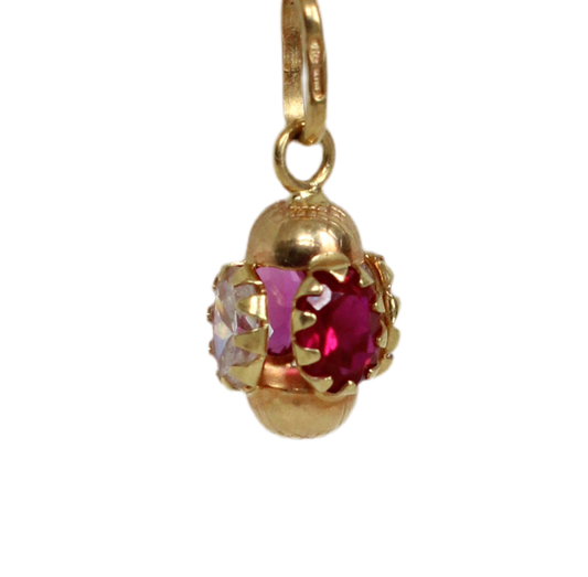 Vintage Rare 1960s 18k Gold Pendant with White and Raspberry Red Zircons