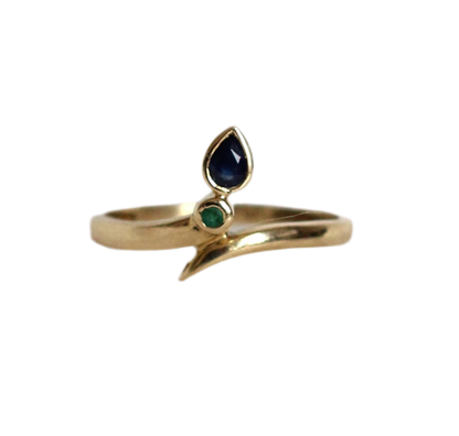 Vintage 18 Carat Gold Snake Ring with Pear-Shaped Sapphire and Emerald