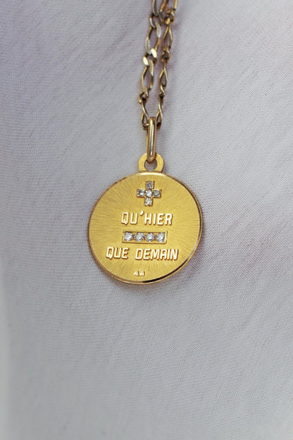 Rare Augis 18K Gold & Diamonds Pendant - "Plus Qu'Hier Moins Que Demain"