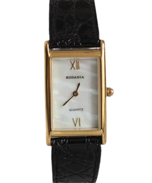 Vintage Rodania Tank Américaine Watch – Mother-of-Pearl Dial, Black Leather Strap