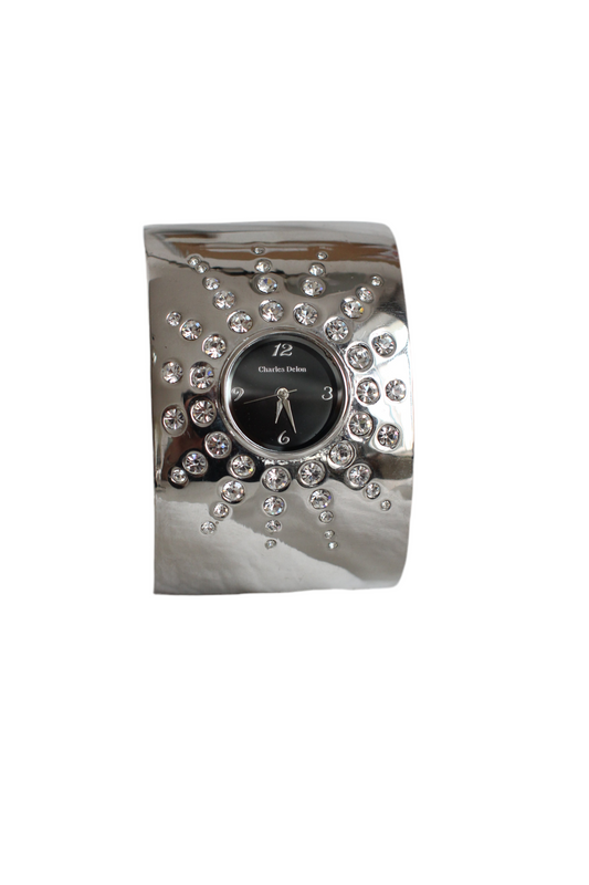 Charles Delon Statement Cuff Watch – Black Dial with Crystal Star