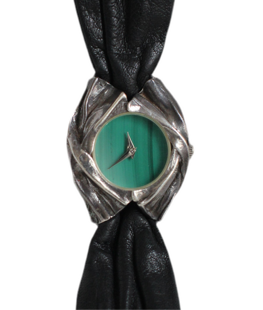 Exceptional 1980s Draped-Effect Watch with Malachite Dial – Butterfly Leather Strap