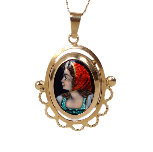 Rare 18k Gold Pendant with Hand-Painted Enamel by S. Leperon