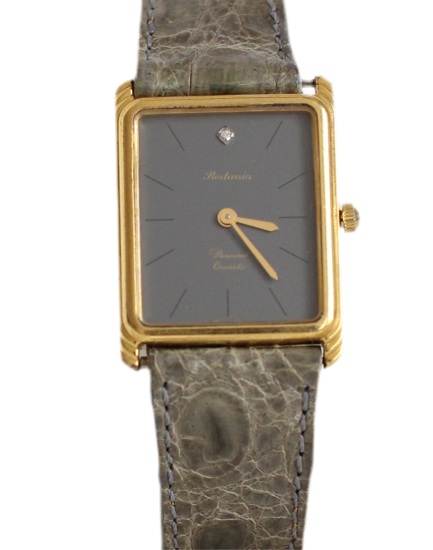 Rodania 1980s Large Tank Watch – Grey Dial with Diamond & Genuine Crocodile Strap