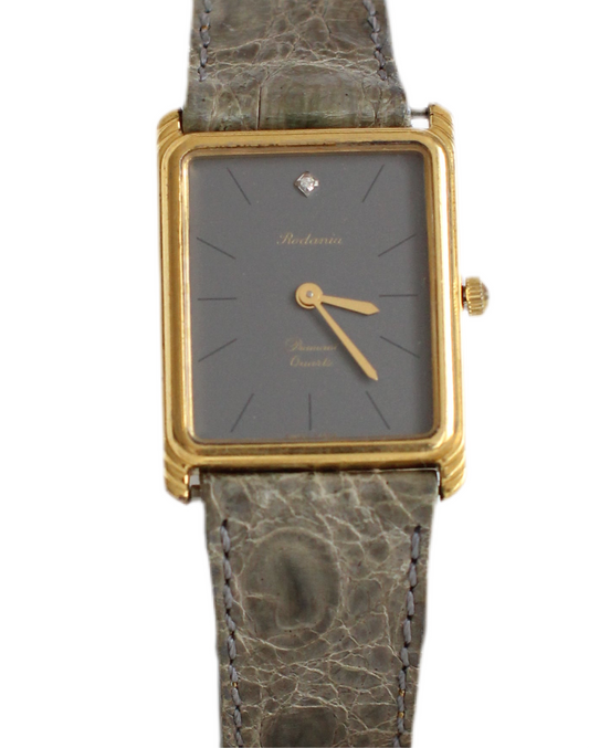 Rodania 1980s Large Tank Watch – Grey Dial with Diamond & Genuine Crocodile Strap
