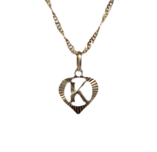 9k Yellow Gold Pendant – Letter "K" in a Heart – Reflective Finish