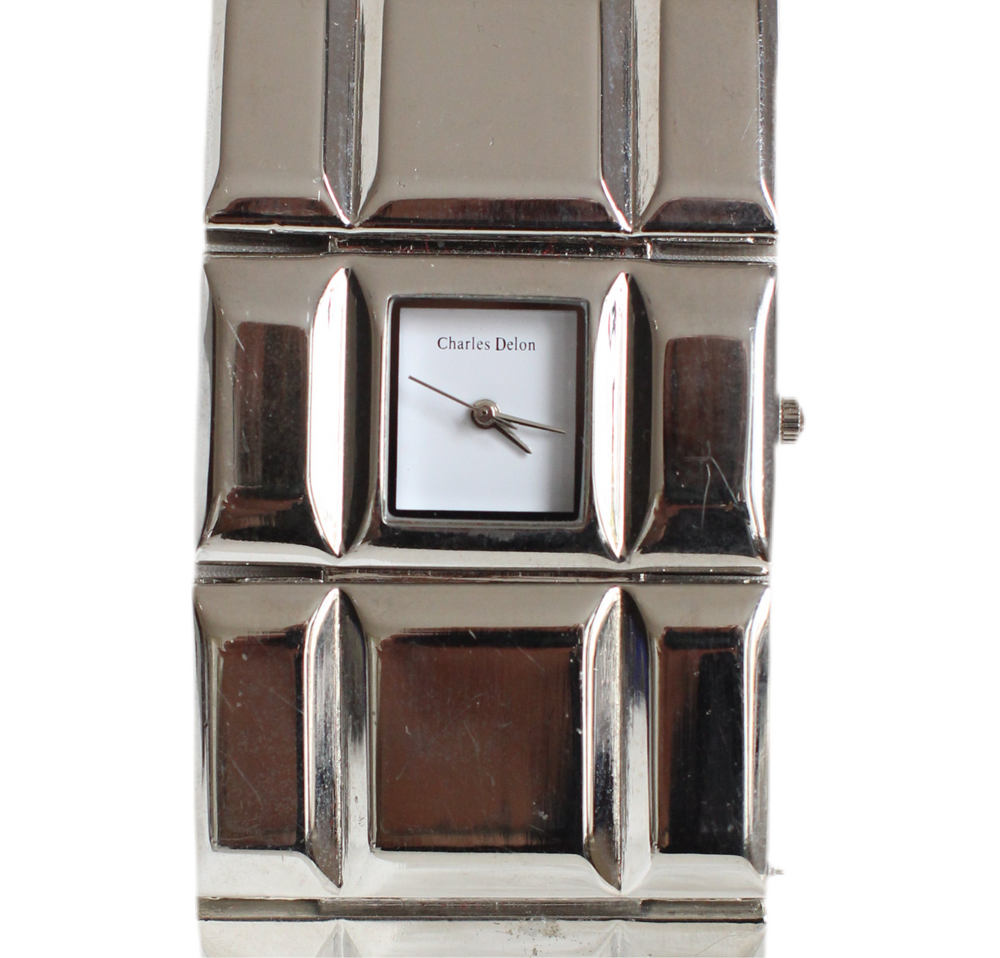 Charles Delon 1980s Silver-Tone Cubic Modernist Cuff Watch – White Dial