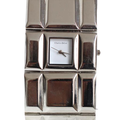 Charles Delon 1980s Silver-Tone Cubic Modernist Cuff Watch – White Dial