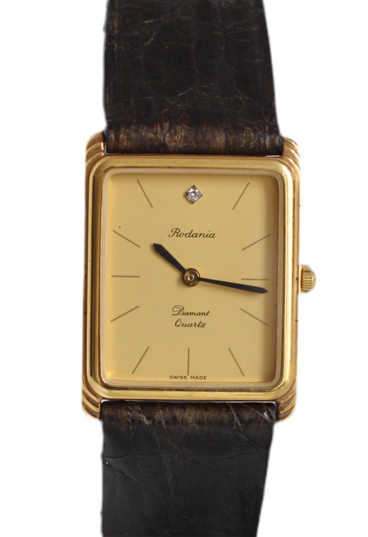 Rodania 1980s Large Tank Watch – Gold Dial with Diamond & Black Crocodile Strap