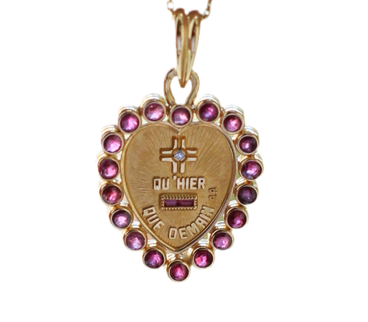 Augis "Plus qu’hier, moins que demain" Pendant in 18k Solid Gold with Rubies and Diamond