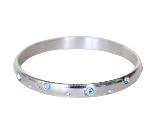 Yves Saint Laurent Sterling Silver & Swarovski Bangle – Sky Blue Crystals, Signed, 1990s