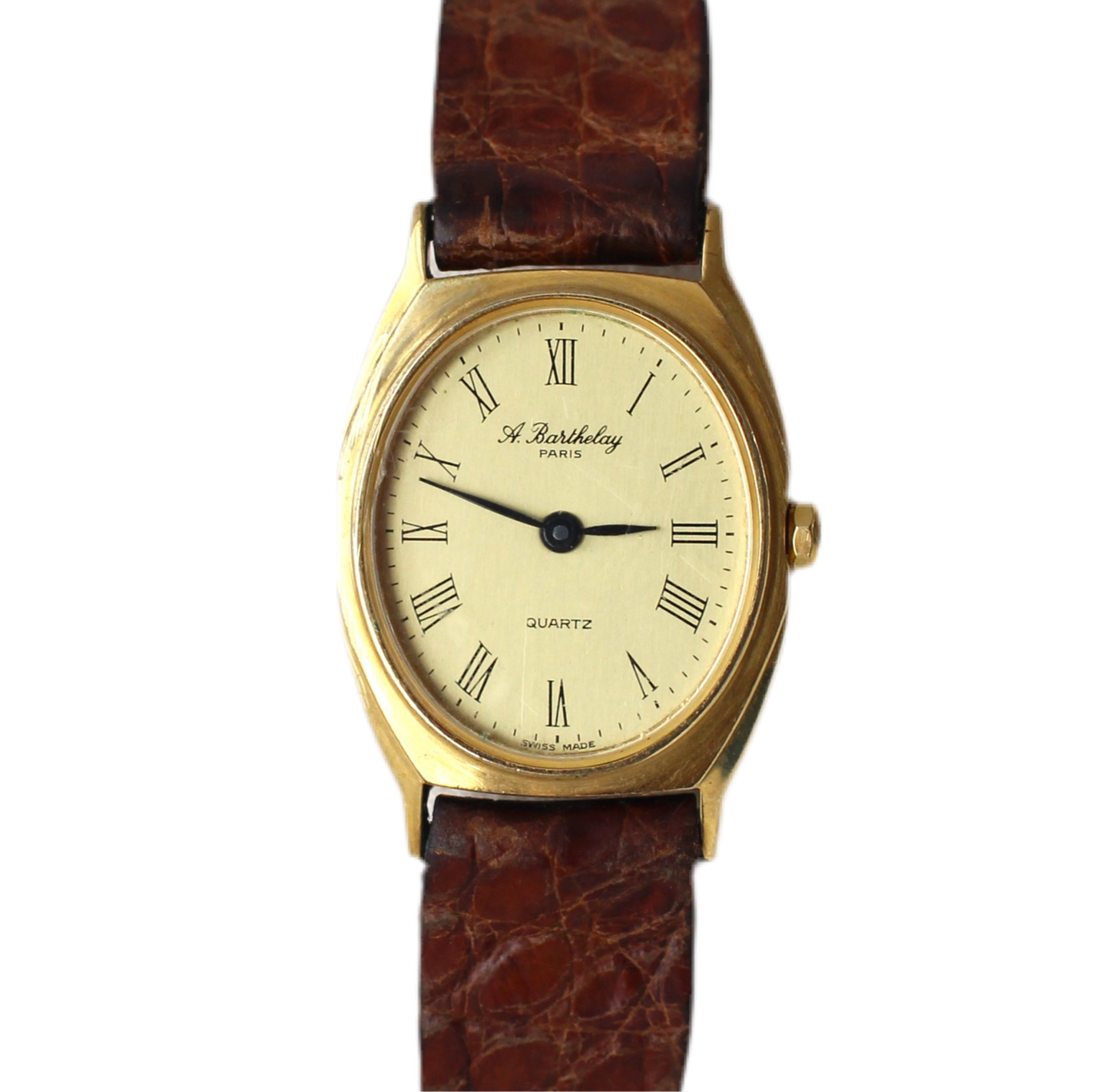 Montre vintage A. Berthelay Paris des années 1960 avec bracelet en cuir camel