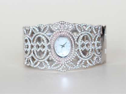 Ambrosio Paris Oriental-Inspired Jewelry Watch – Fully Set with Rhinestones, Mother-of-Pearl Dial