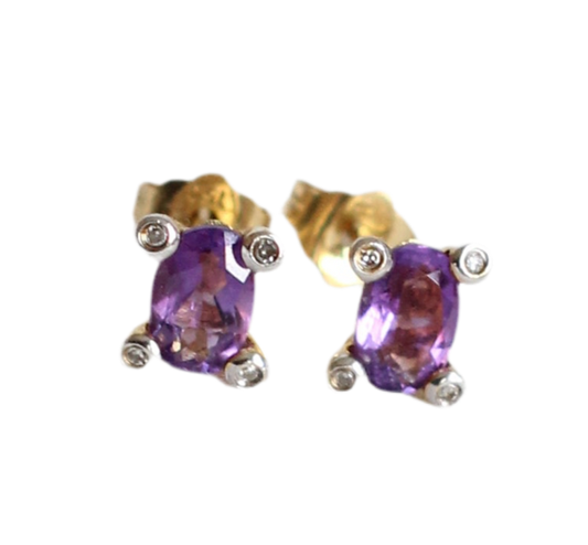 Vintage 18k Yellow Gold and Amethyst & Diamonds Earrings