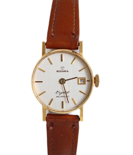 Rodania 1980s Quartz Watch – Cognac Leather Strap & Beige-Gold Dial