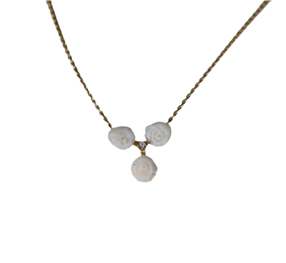 18K Yellow Gold Necklace with Natural Coral Roses and Central Diamond