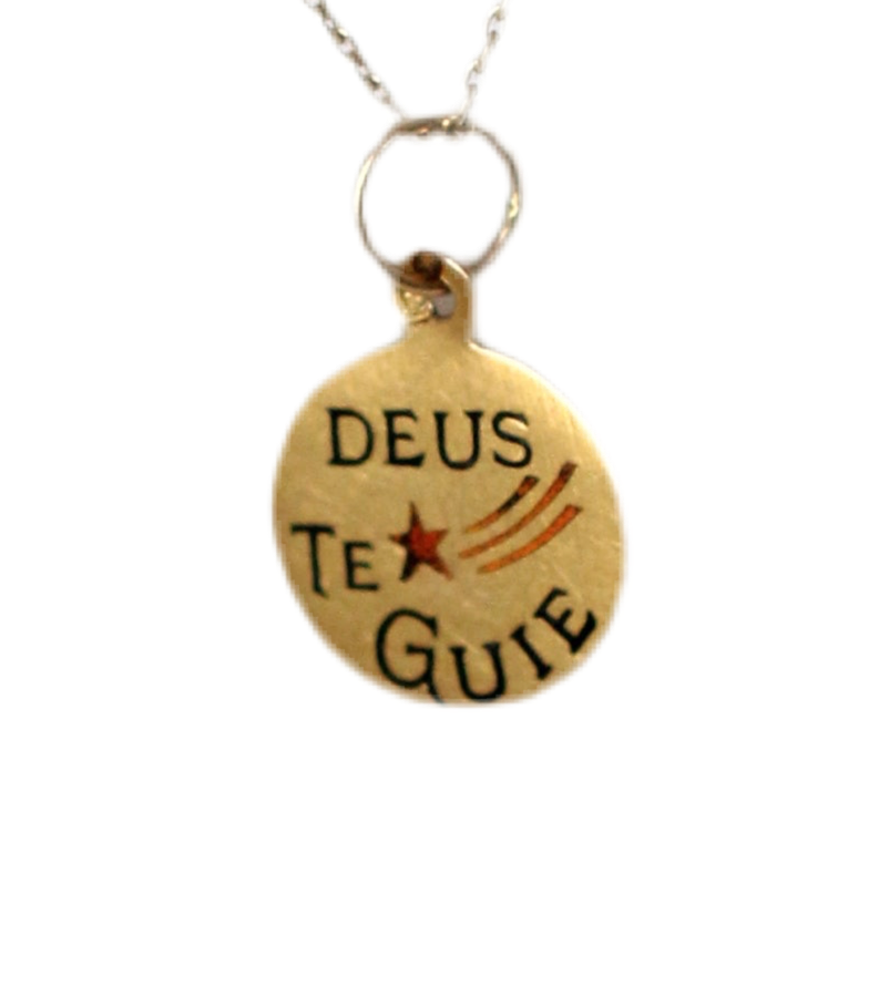 Pendentif ancien en or 19 carats avec inscription en émail "DEUS TE GUIE"