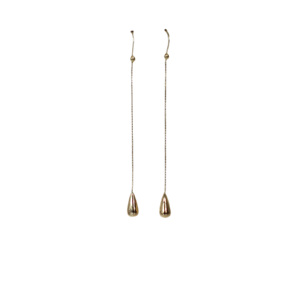 18K Solid Yellow Gold Drop Earrings – Sculptural Water Droplets on Chain – 1990s