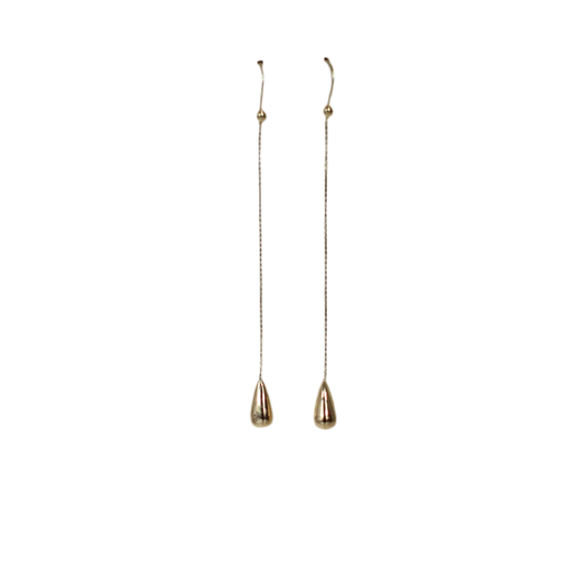 18K Solid Yellow Gold Drop Earrings – Sculptural Water Droplets on Chain – 1990s