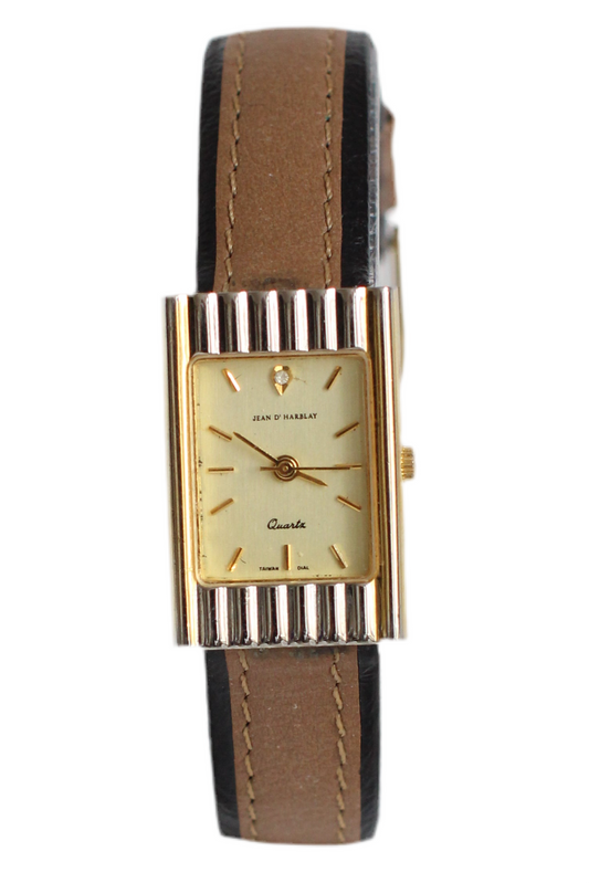 Jean D’Harblay 1980s Tank Two-Tone Watch – Diamond Detail & Camel Leather Strap