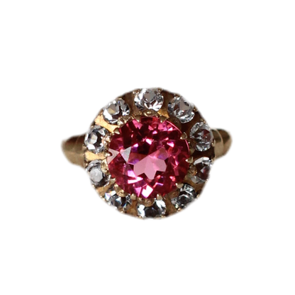 Bague vintage des années 1960 en or 10 carats avec tourmaline rose et saphir blanc « Fleur »