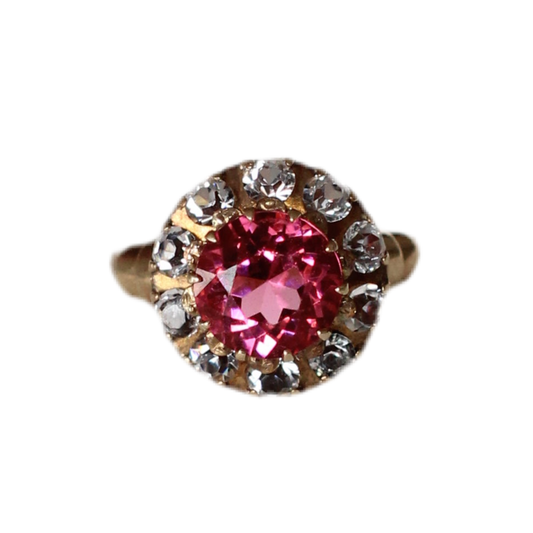 Vintage 1960s 10k Gold Pink Tourmaline and White Sapphire "Flower" Ring