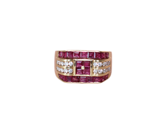 Massive Vintage Tank Ring in 18K Gold with Invisible-Set Rubies and Diamonds
