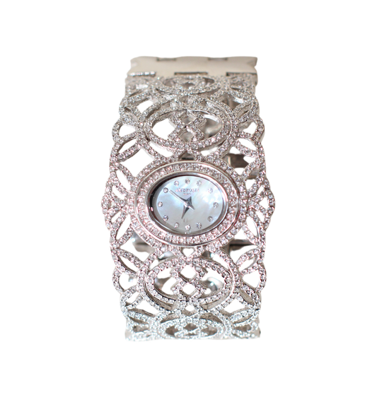 Ambrosio Paris Oriental-Inspired Jewelry Watch – Fully Set with Rhinestones, Mother-of-Pearl Dial