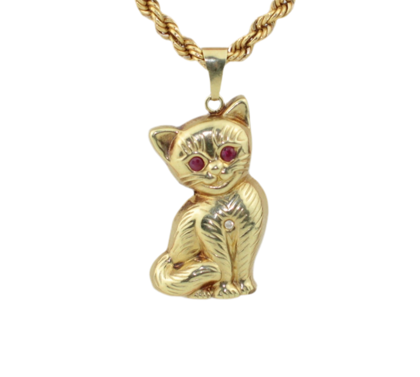 Pendentif chat vintage des années 1980 en or 18 carats avec rubis et diamants