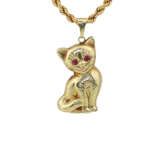 Vintage 1980s 18k Gold Cat Pendant with Rubies and Diamond