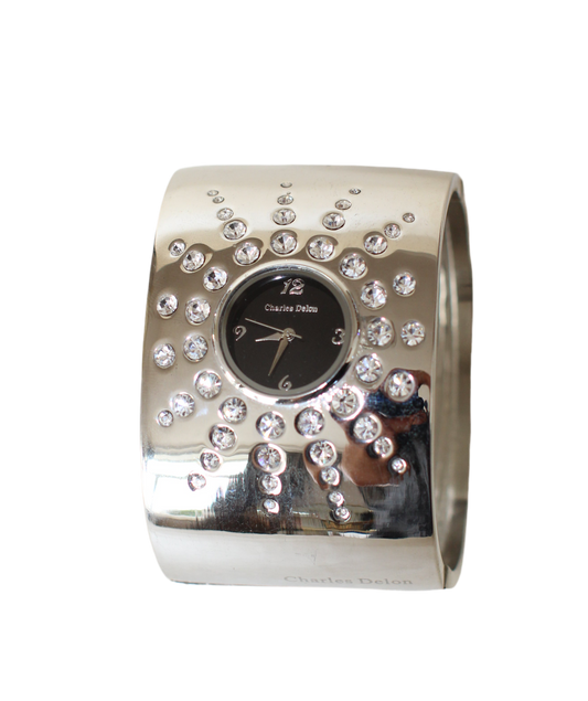 Charles Delon Vintage Statement Bangle Watch – 1990s, Black Dial, Star with Rhinestones,