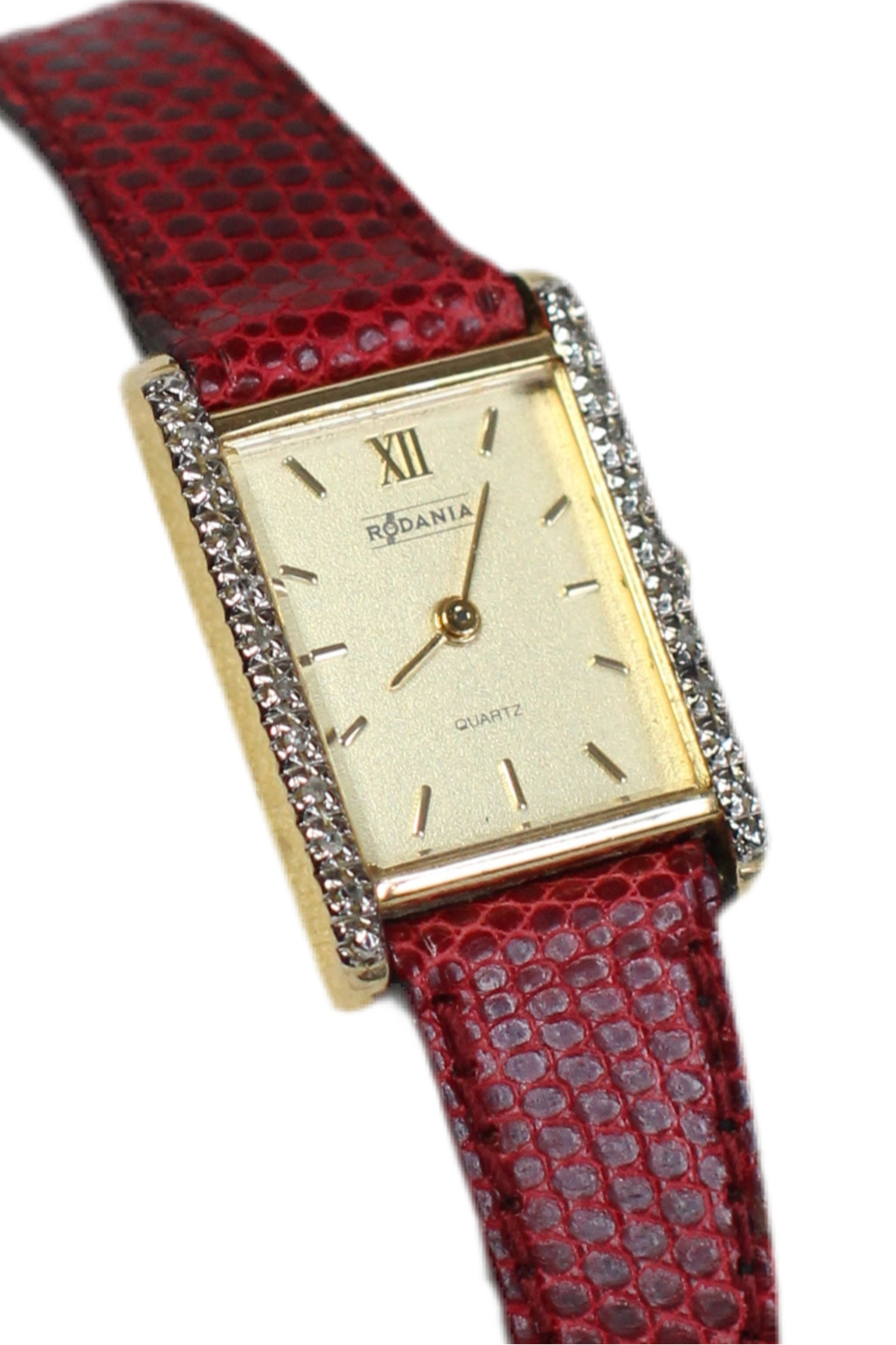 Montre Tank Rodania des années 80 avec zircons et nouveau bracelet en cuir