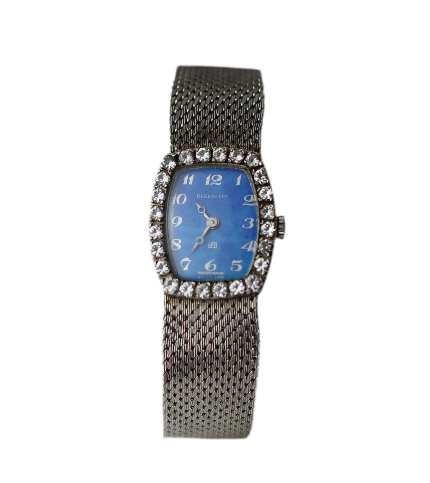 Vintage Degeneffe Mechanical Watch with Ocean-Blue Dial and Radiant Strass Bezel