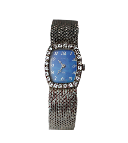 Vintage Degeneffe Mechanical Watch with Ocean-Blue Dial and Radiant Strass Bezel