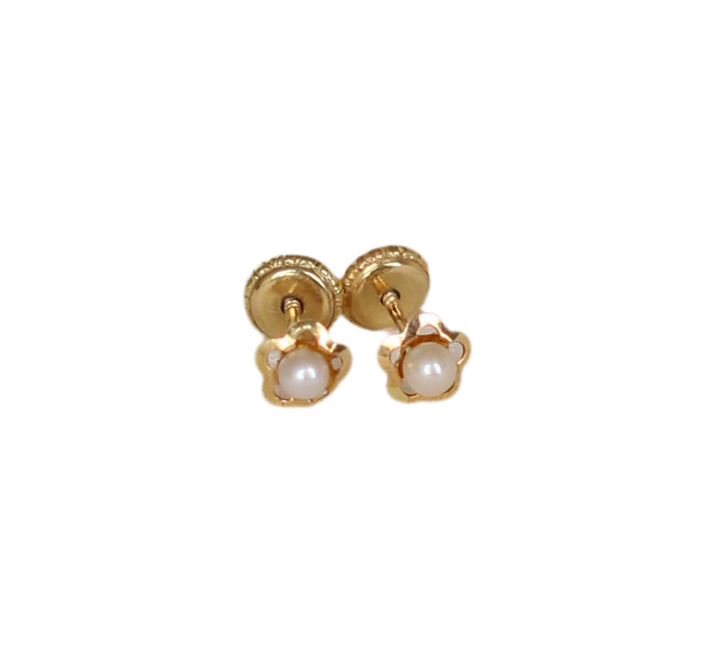 90's Gold 18k Mini Flower Earrings with Pearl Center