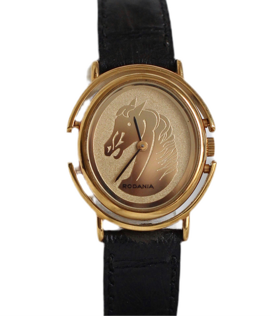 Vintage 1980s Rodania Rotating Gold-Plated Watch with Horse Motif