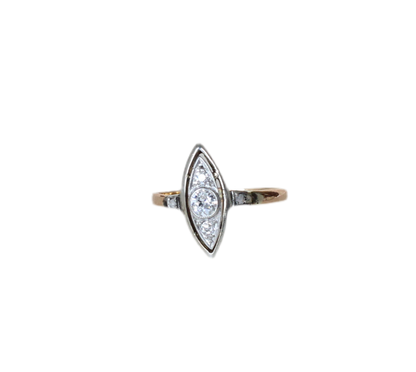 1920s "Eye" or Marquise-Shaped Ring – Rose, Yellow & White 18k Gold – Old Cut Diamond Center (approx. 0.25ct)