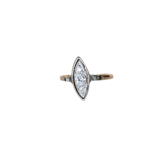 1920s "Eye" or Marquise-Shaped Ring – Rose, Yellow & White 18k Gold – Old Cut Diamond Center (approx. 0.25ct)