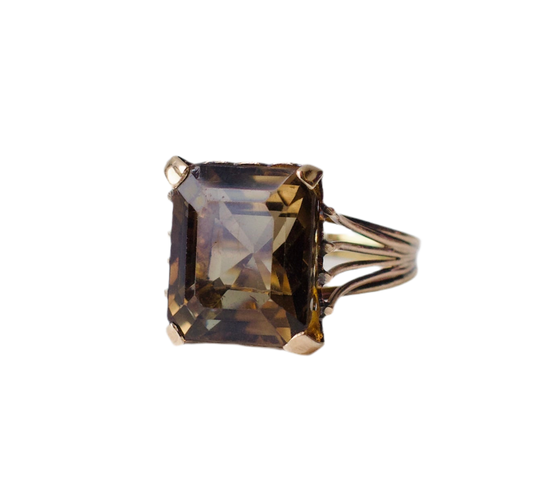 Unique & Magical Gold Art Deco Cocktail Ring with Massive Smoked Quartz