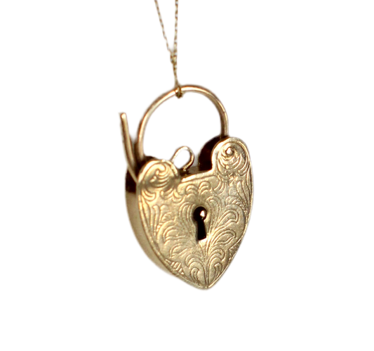 Early 1900s English 9k Gold Heart Lock Pendant with Arabesque Engravings