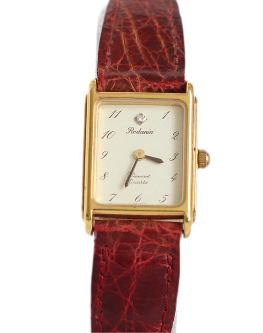 Rodania 1980s Mini Tank Watch – Diamond Detail & Bordeaux Crocodile Strap