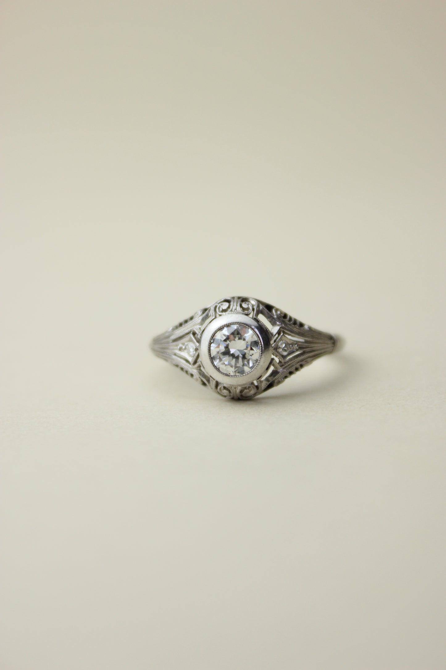 Art Deco 1930s Ring –  Platinum – ~0.70ct Central Diamond (F/VS1) + Accents