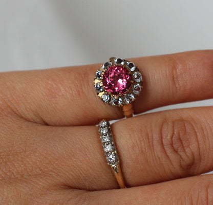 Bague vintage des années 1960 en or 10 carats avec tourmaline rose et saphir blanc « Fleur »